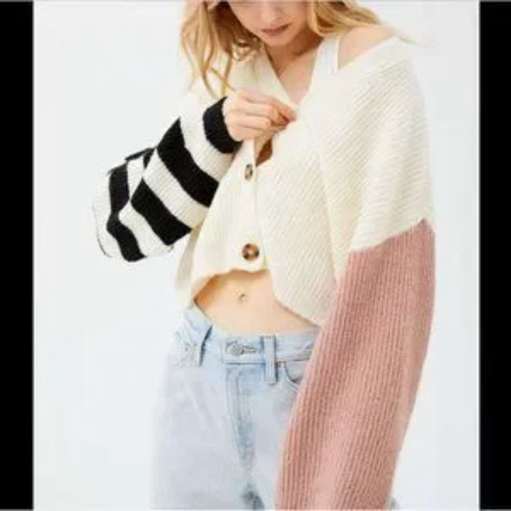 Truly Madly Deeply Oversized Crop Cardigan M Beige Black Pink Colorblock Stripes